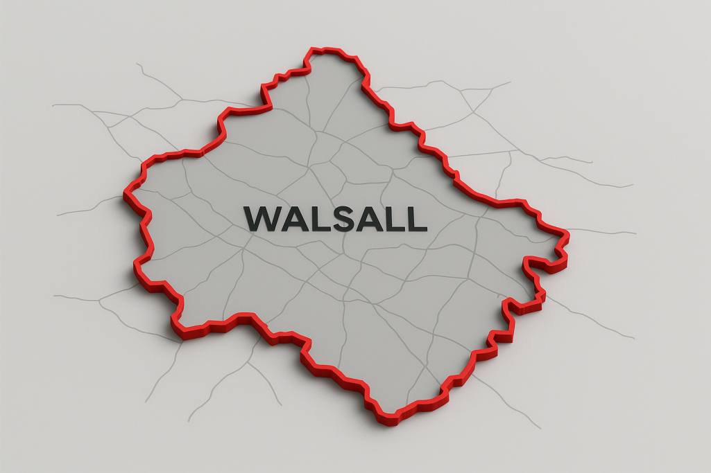 Map outline of Walsall with a bold red border.