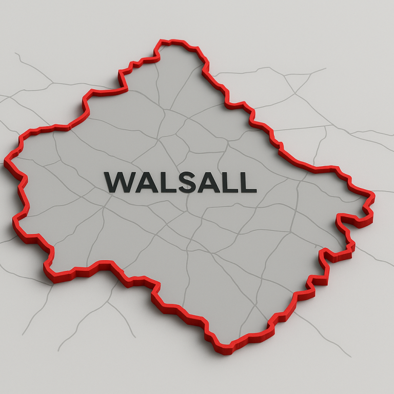Map outline of Walsall with red borders.