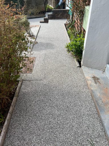Paved pathway bordered by greenery, leading towards steps in the background.