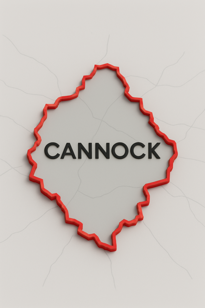 Map outline of Cannock in red with the name "CANNock" prominently displayed.