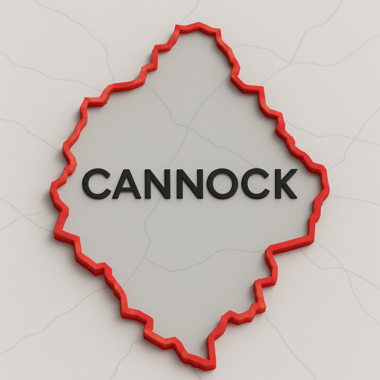 Map outline of Cannock with the name prominently displayed in black.