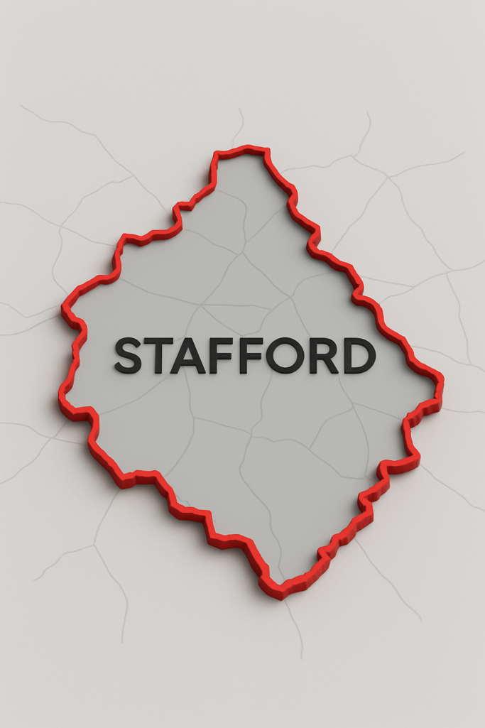 Map outline of Stafford with a red border and the name "STAFFORD" in the centre.