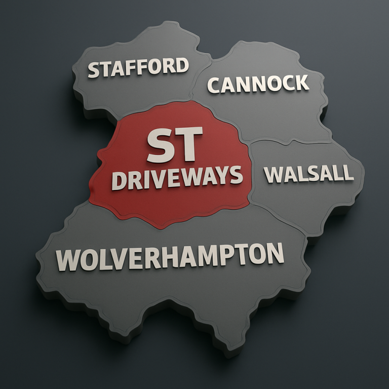 Map highlighting regions with "ST Driveways" in red, including Stafford, Cannock, Walsall, and Wolverhampton.
