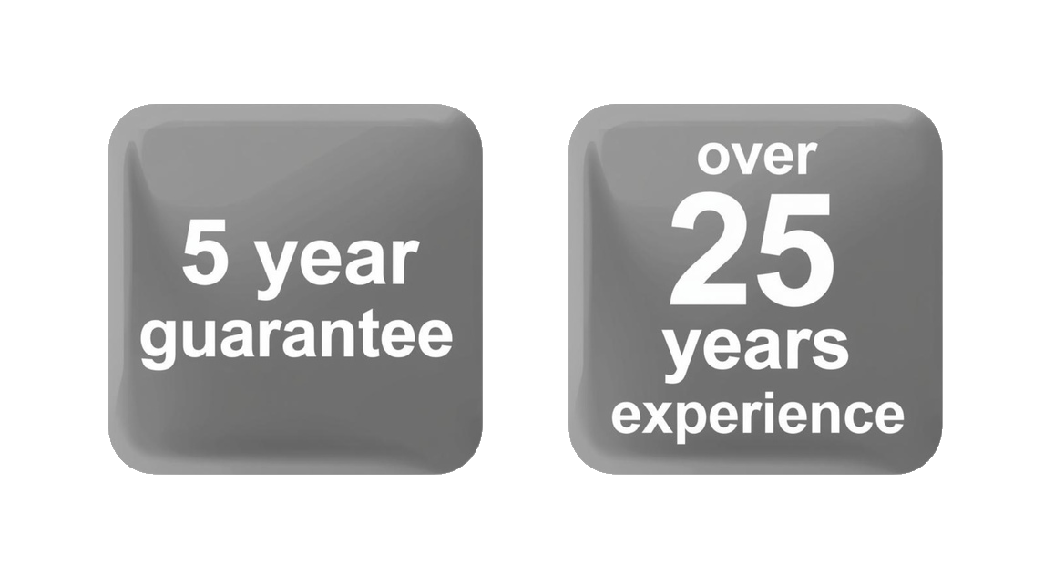 Two grey squares: one states "5 year guarantee," the other "over 25 years experience."