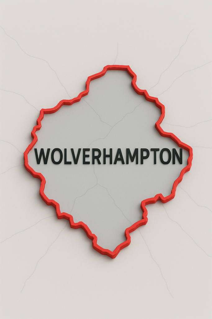 Map outline of Wolverhampton with bold text in the centre.