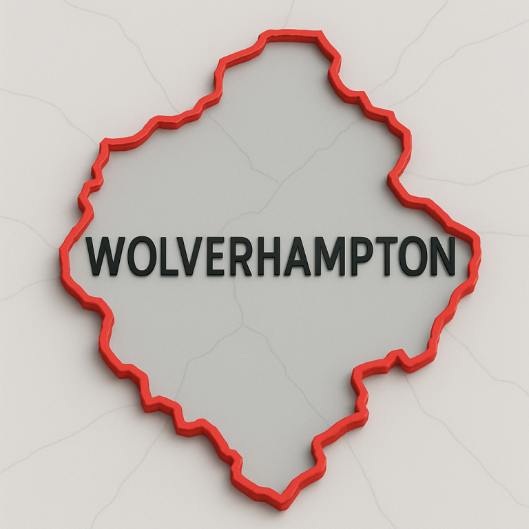 Map outline of Wolverhampton with the name displayed prominently.