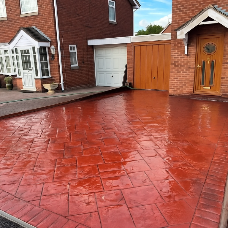 A newly sealed red-stamped concrete driveway in a residential area.
